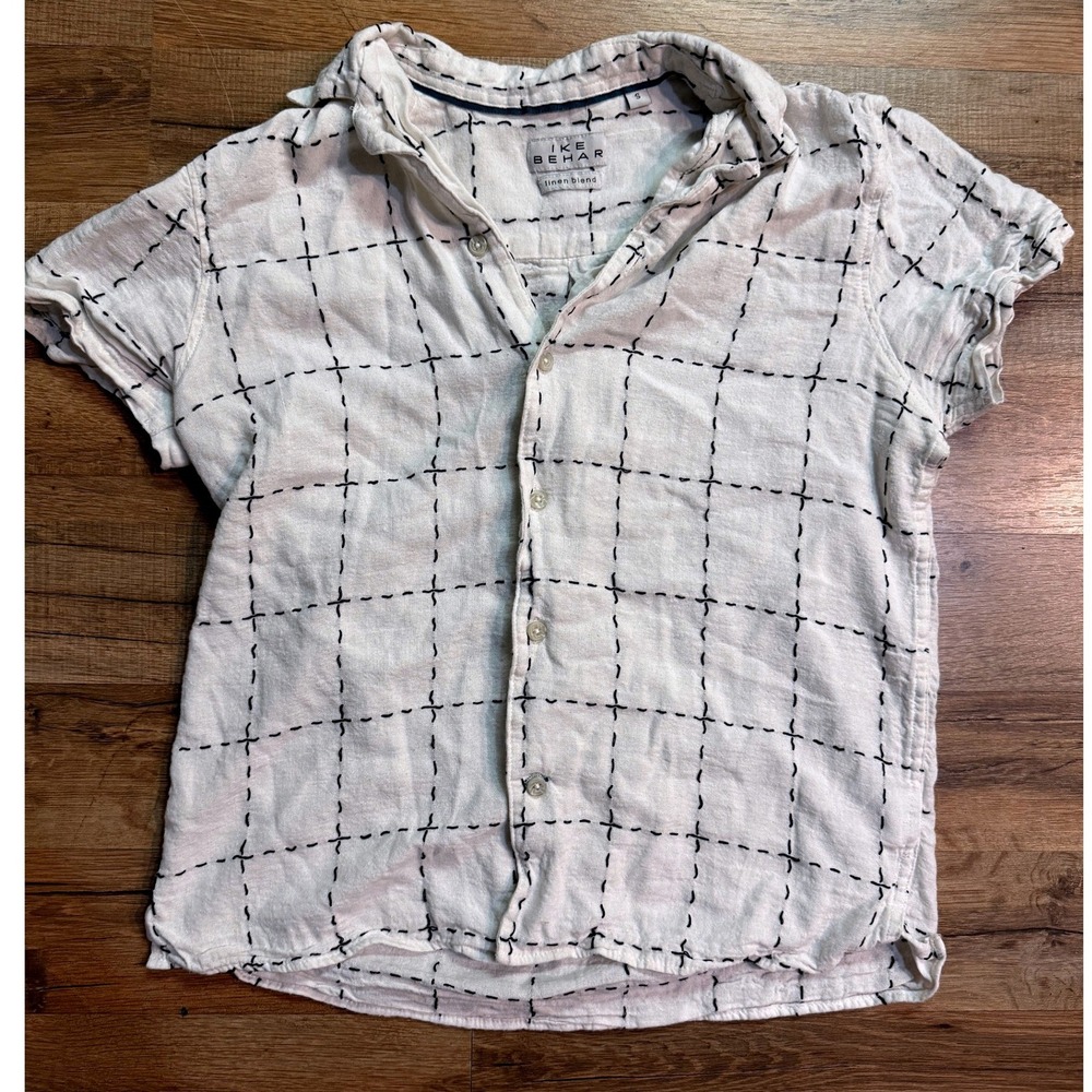 Ike Behar Linen Button Up Sashiko Embroidered Short Sleeve Boho Indie Capsule‎ S